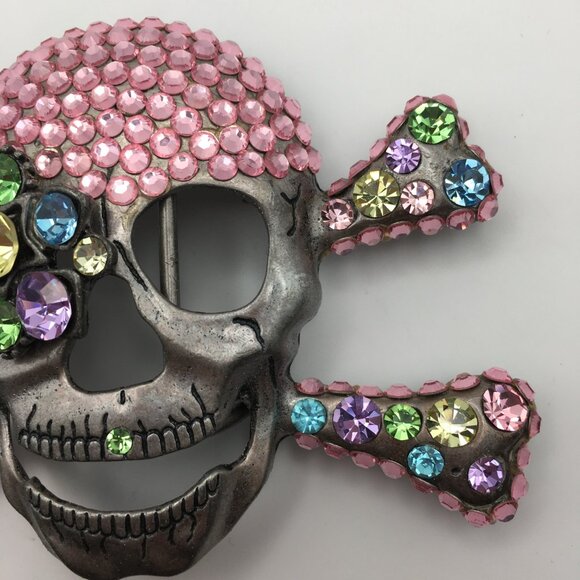 Skull Pin Brooch Rhinestones Pink Pirate Halloween Goth Sparkle Large 4” X 3” - Picture 6 of 15